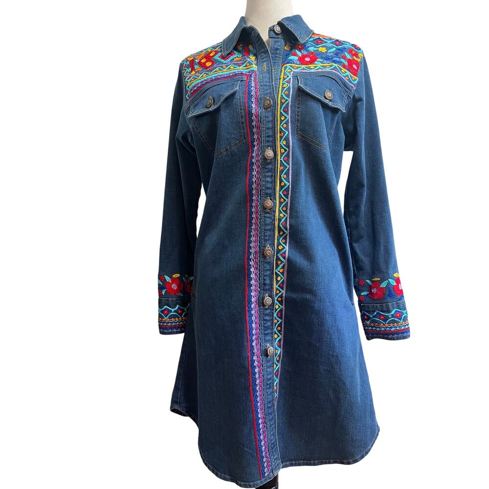 Vintage Collection Embroidered Denim Shirt Dress Tunic Boho Western S